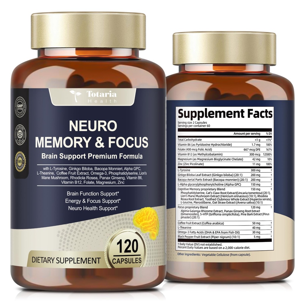 Totaria Brain 补充记忆和焦点,L-Tyrosine的脑健康,Alpha GPC,Ginkgo Biloba,Bacopa Monnieri, Nootrotic认知支持 - 非GMO,Gluten Free(120个计数)