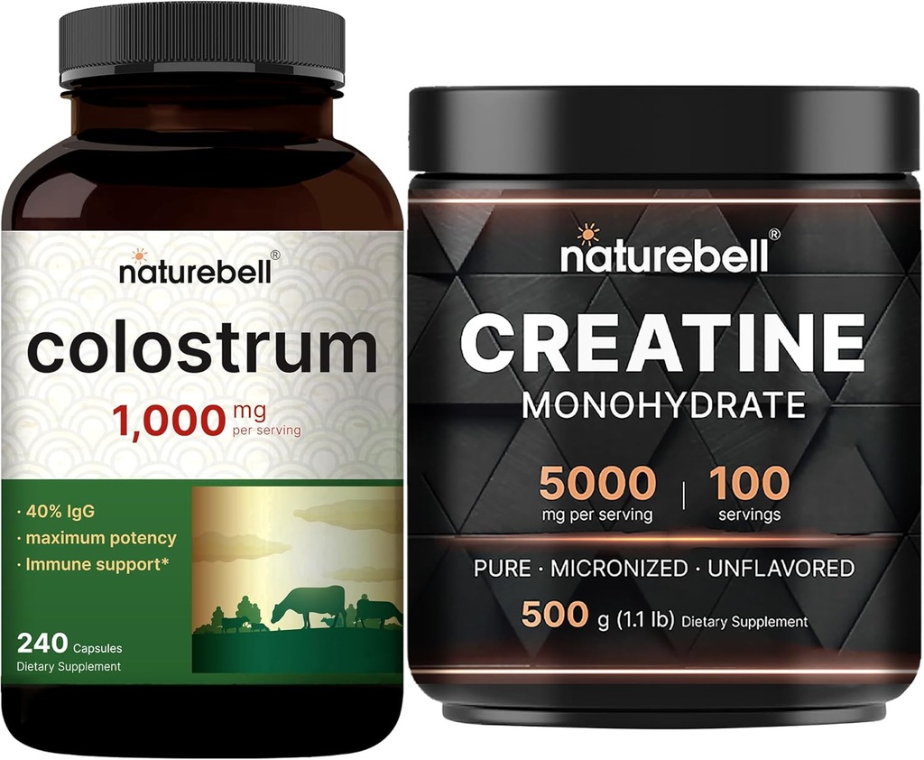 NatureBell Creatine 单水合物粉末和Colostrum 240 Capsules 1000mg Placy Bundle Pack 高吸收性微粒化的克丽塔因 来自草药Bovine的母乳