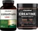 NatureBell Creatine 单水合物粉末和Colostrum 240 Capsules 1000mg Placy Bundle Pack 高吸收性微粒化的克丽塔因 来自草药Bovine的母乳