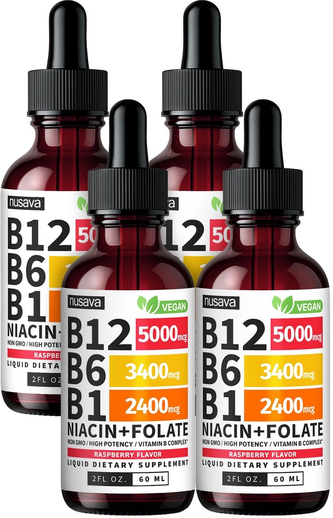 (4包) 维生素B12和B6液滴,B12 亚语维生素B复合体 - B12 维生素5000mcg - B12 甲基Cobalamin for Energy, Brain, and Heart Supports 27,200mcg, Raspberry, 80 services