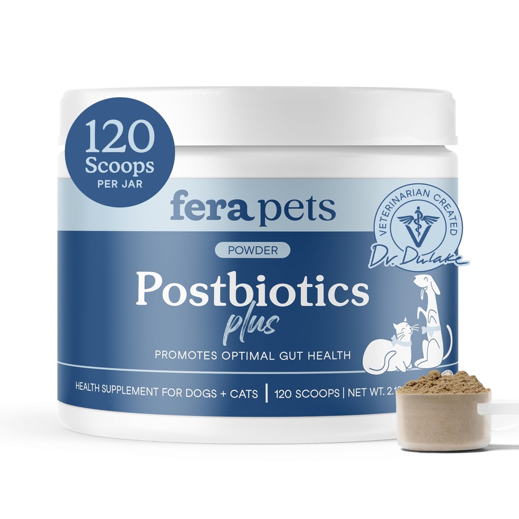 Fera Pets Postbiotics Plus Prebiotics for Dogs & Cats - 配有滑石精灵 - 促进最佳消化健康和炎症反应 - 增强豁免 - 120 Scoops