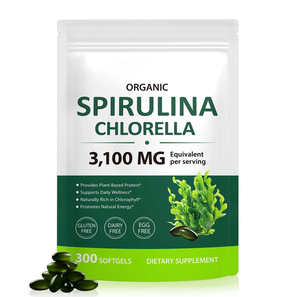 Tiuedu Spirulina 氯素凝胶 300 Capsules, 17 in 1 Green Nutrient Blend Spirulina 氯素凝胶, Rich in Plant Protein, Vitamins, Chlorophyll, Easy to Take Softgel