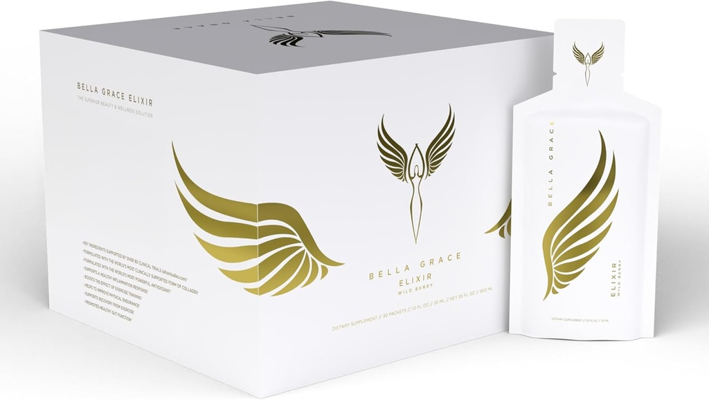 Bella Grace Elixir Collagen Peptides 与Verisol Collagen、Astareal Astaxanthin和Cat的Claw、支持Collagen再生、抗氧化剂保护、30个服务公司合作,为皮肤护理和健康提供补充