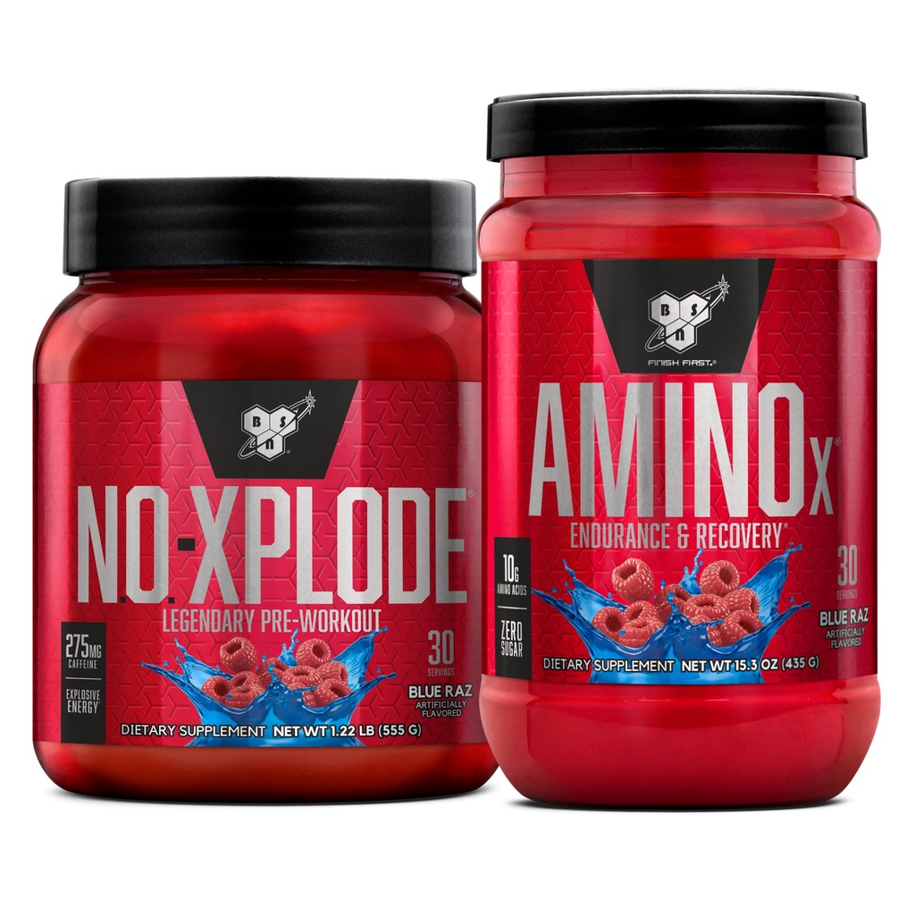 BSN Workout Bundle of NO XPLODE Pre Workout Powder Blue Raz, 30 service AMINO X Muscle Recover Intra Workout Support, Cafeine Free Blue Raz, 30 services 30 services (中文(简体) ).