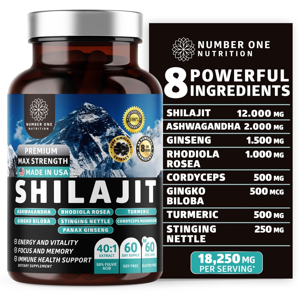 纯喜马拉雅Shilajit的男女[50%富尔维酸]比Resin好,有Ashwagandha、Ginseng、Turmeric、Gingko Biloba、Sting Nettle、Cordyceps支持能源和豁免,60Caps