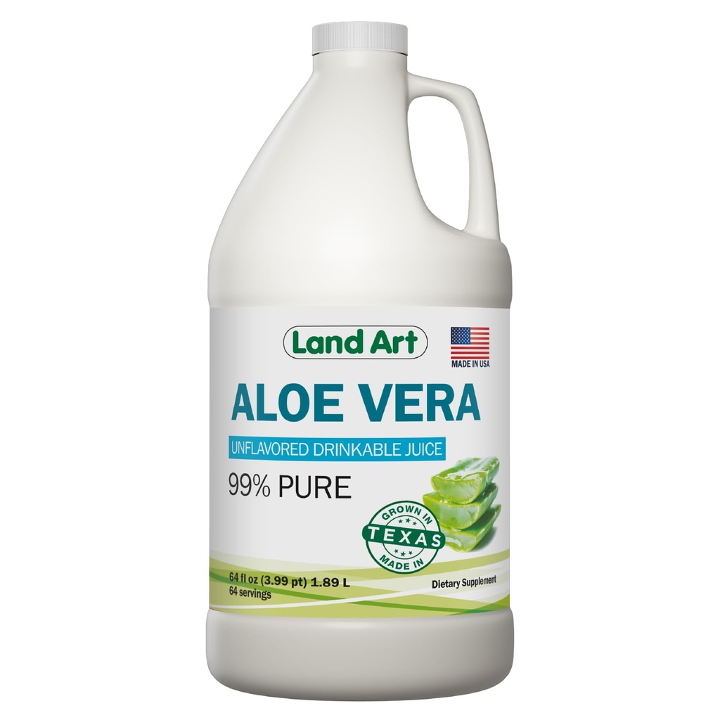 土地艺术 - 纯阿罗埃·韦拉汁液(Pure Aloe Vera Juice Unflavored) - 冷处理 - 99.7% 新鲜德克萨斯州叶子的有机阿罗埃·韦拉(Organization Aloe Vera) 内叶 - 消化性健康,解毒和自然健康 - 64 fl oz