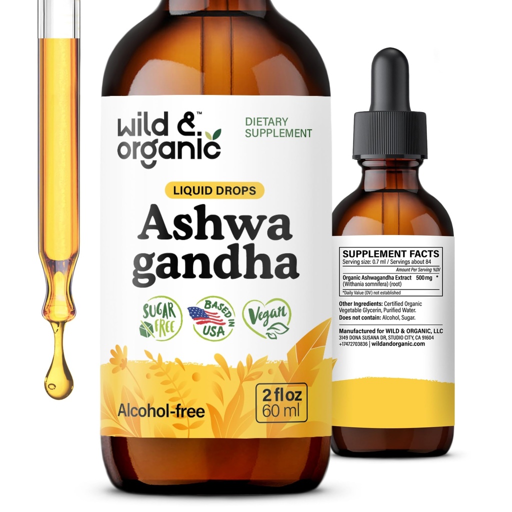 野生和有机的 Ashwagandha 液滴 - 使 Ashwagandha 根提取器镇静以放松 - 1-月供应 - 男女草药补充剂 - Vegan, 糖和无酒精丁香 - 2 fl oz