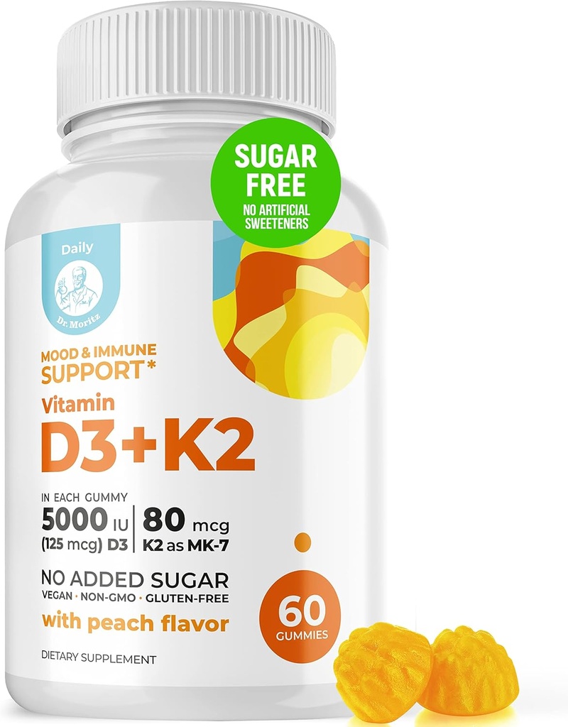DR. MORITZ 维生素D3 Gummys (5000 IU) 配有K2 - 成人与儿童 - 维生素D3 K2 Gummys 配有Imune支持与骨健康 - Vegan,无糖,无胶(60 Counter)