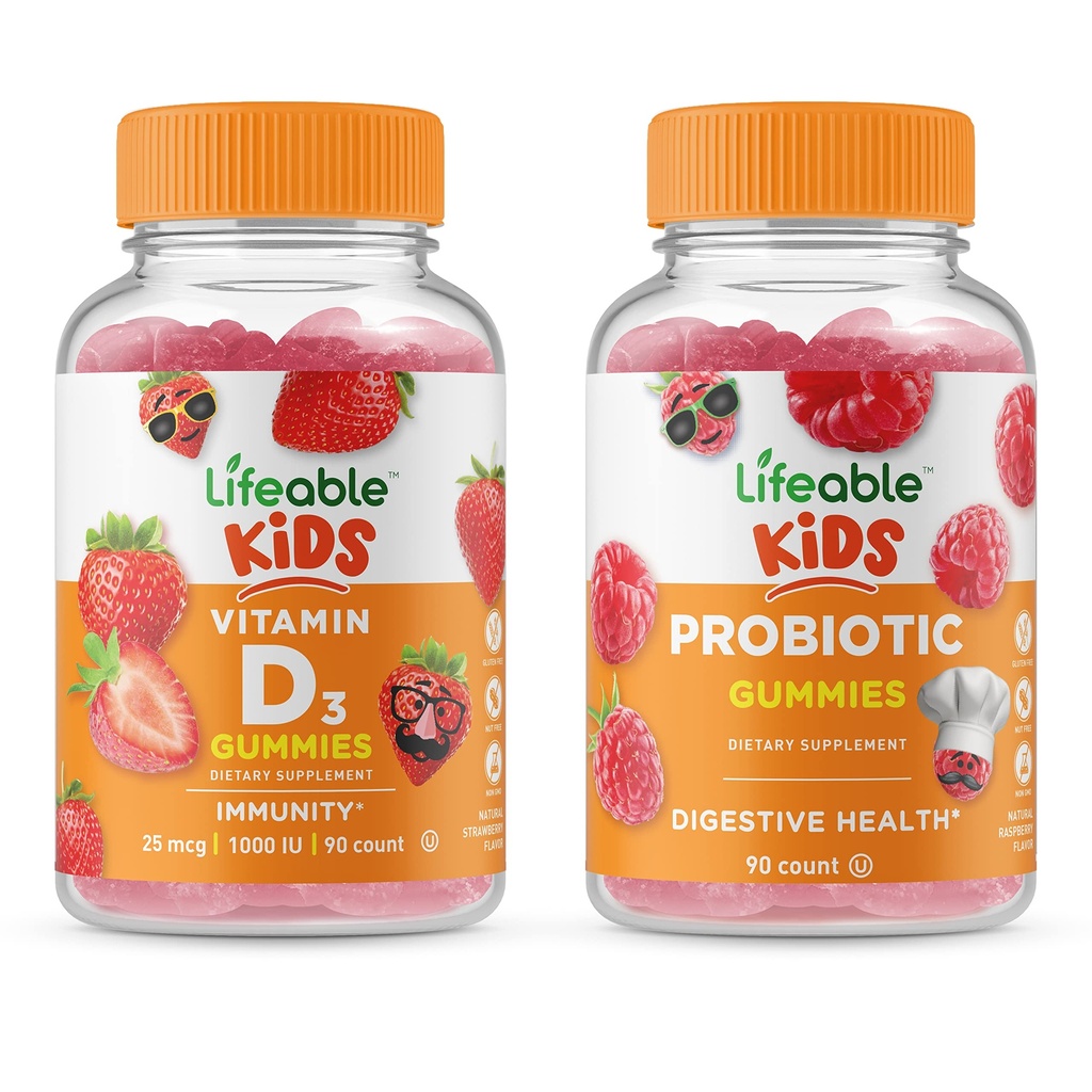活生生的2亿CFU儿童+维生素D儿童,Gummys Bundle - 大品尝,维生素补充,Gluten Free, GMO Free, Chewwable Gummy