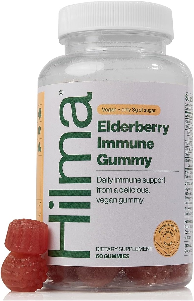 Hilma Elderberry Gummys 配有维生素C & Zinc,天然,维冈,临床证明的成份,免疫支持补充剂加抗氧化剂,天然贝里活佛(60古米)