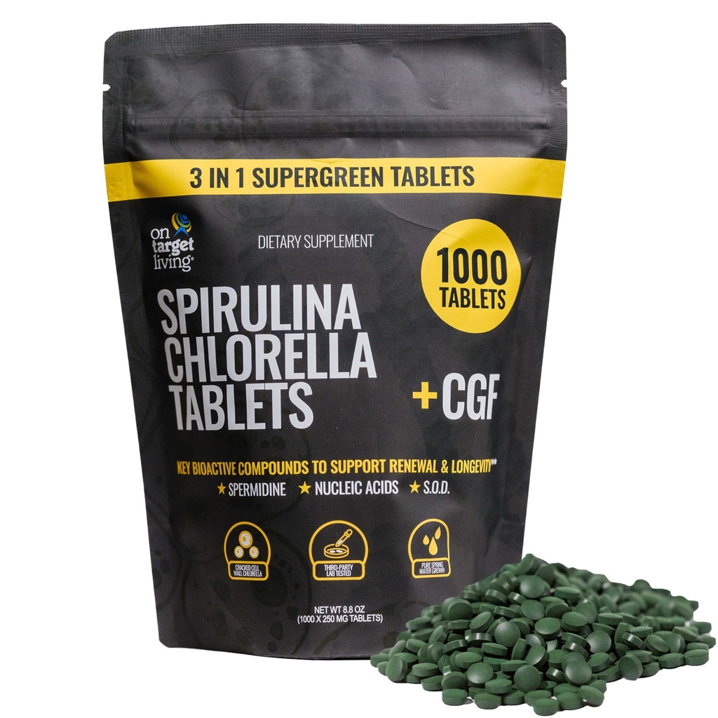 在目标生活 Spiruina Chlorella + CGF + 1000 超绿色板块 + Vegan + 免疫支持 → 高蛋白 → 分析 + 营养 → 能量 + 回收