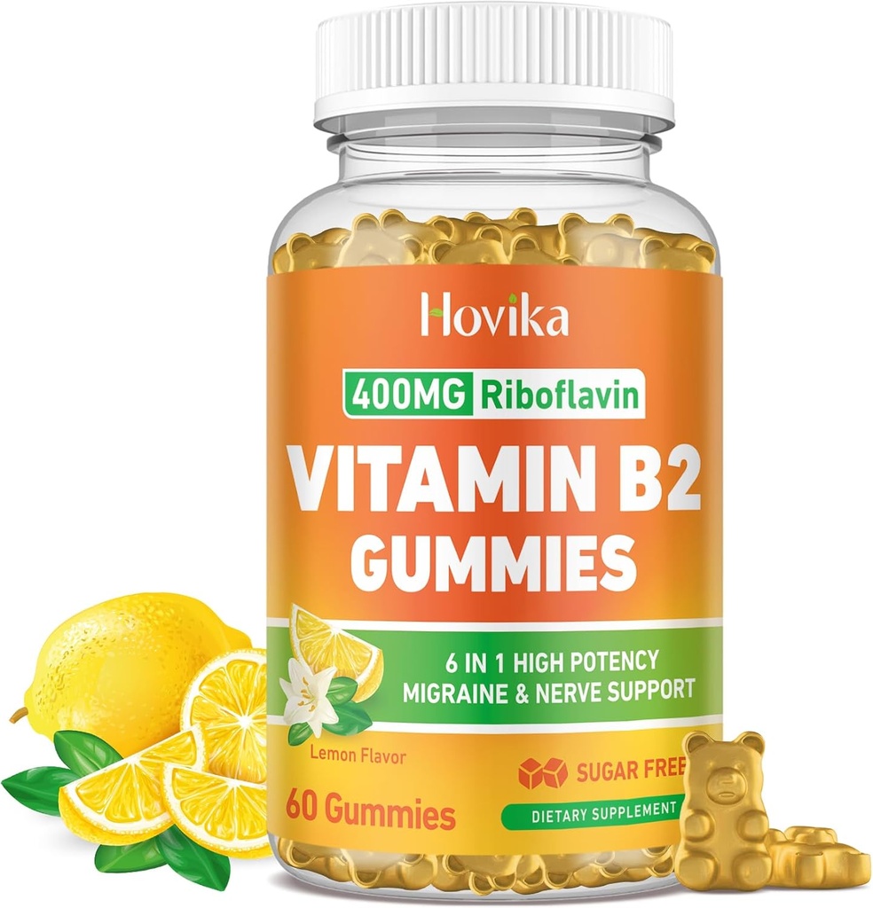 维生素B2 Gummys Riboflavin 400mg 男女补充-纯镁、Ashwagandha、CoQ10、Omega 3、维生素B12 - Migraine Relief & Enervous System Support - 无糖,60个伯爵
