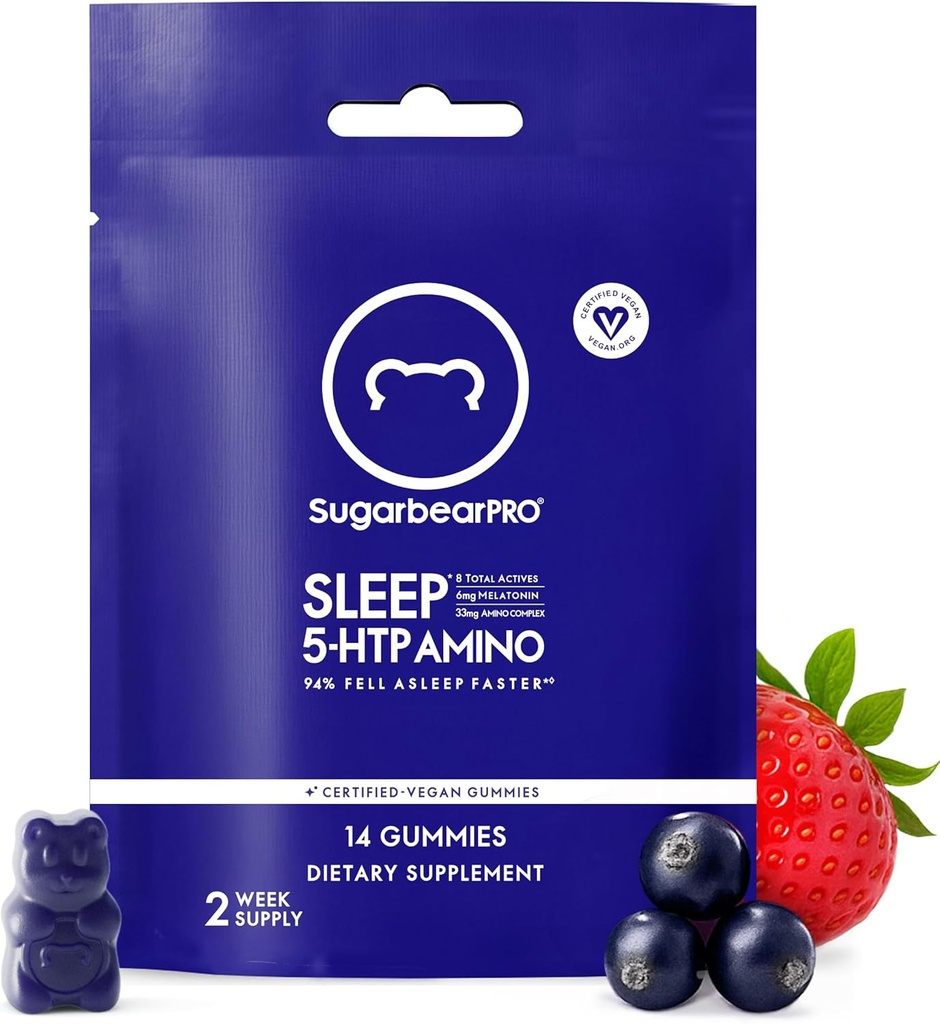 SugarBearPro Sleep Gummy 14天供应,超强Melatonin 6mg,男女,Vegan维生素B6,L-Theanine,5HTP,Valerian,成人和青少年睡眠援助,认证科舍尔