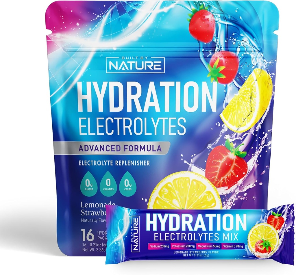Electrolytes Powder Hydrition Packets – 回收 饮料混合 与钠,钾,镁,钙,维生素C & Zinc – 无糖,Keto,Non GMO & Vegan – 草莓柠檬汁 – 16 棒