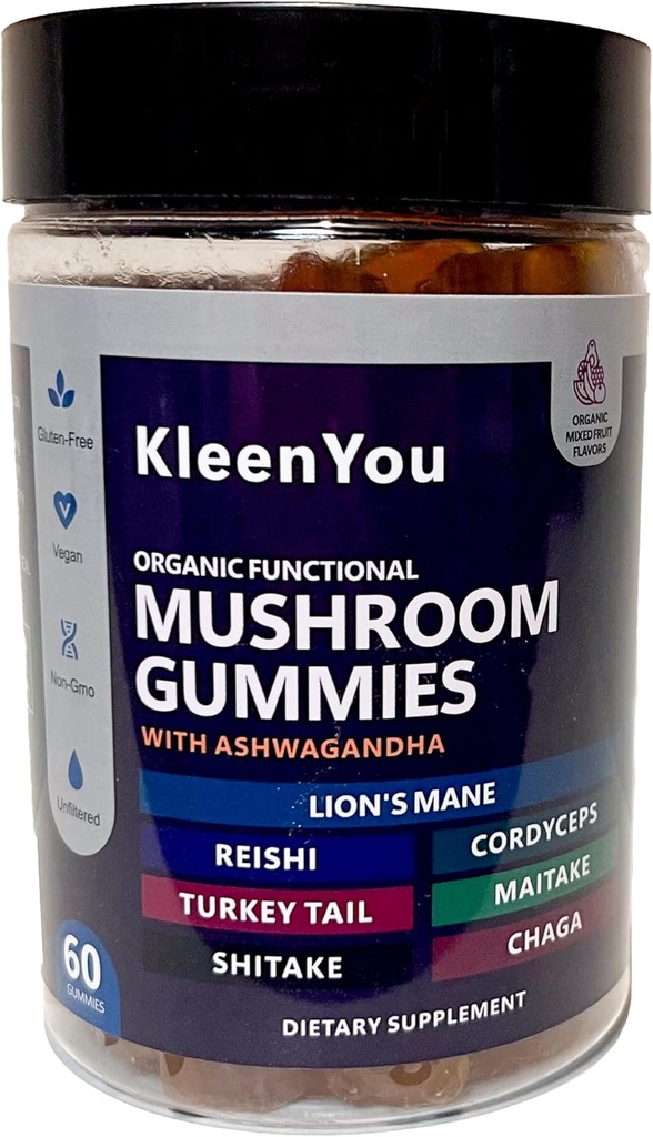 Lion's Mane & Ashwagandha Supplement Gummys - 认知和免疫支持综合蘑菇补充,Vegan与Reishi的融合,Cordyceps - 低卡,60 有机蘑菇 Gummys