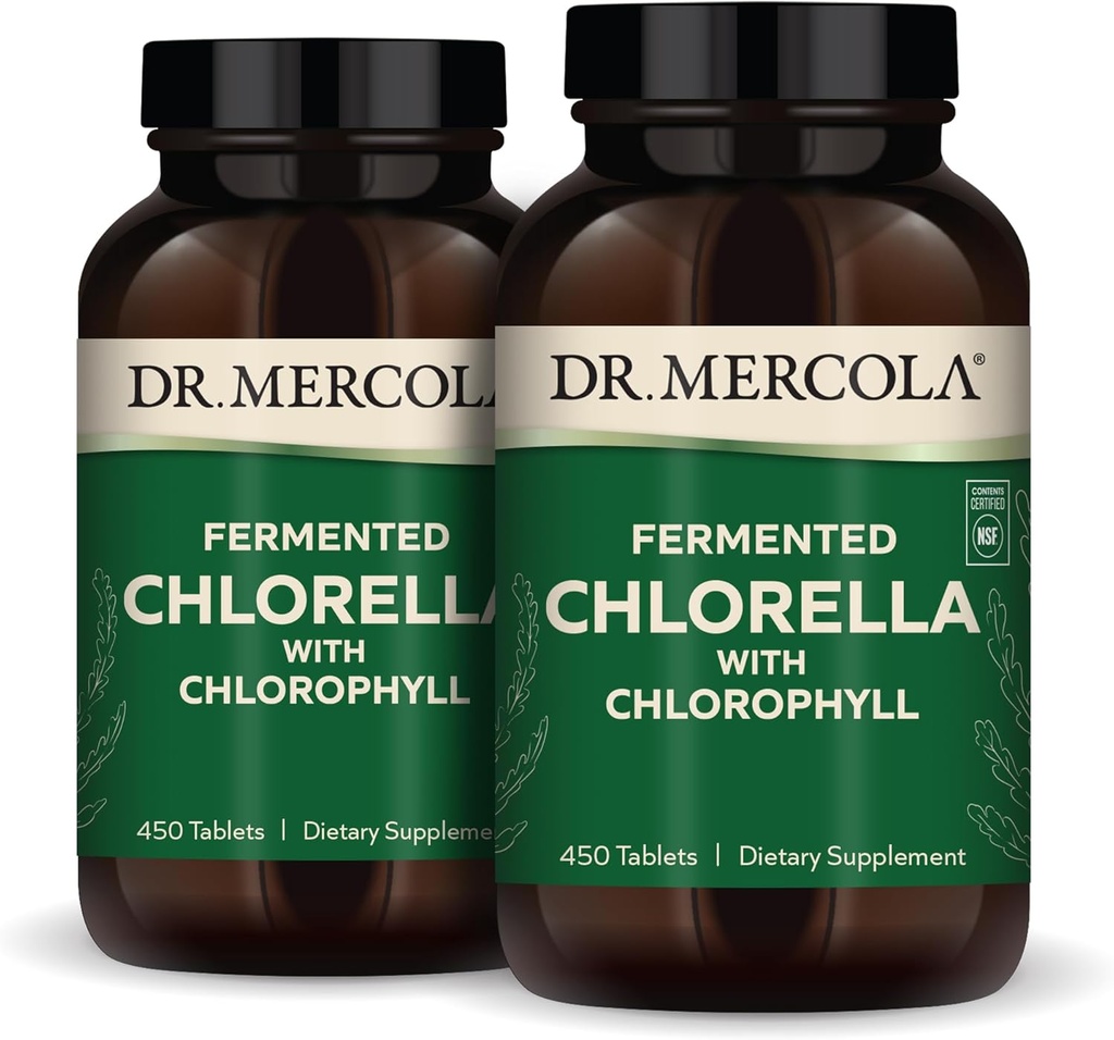 Mercola Fermented Chlorella博士,90名服务员(450张牌匾),2名瓶子,食物补充品,支持免疫和器官健康,非转基因生物,NSF认证