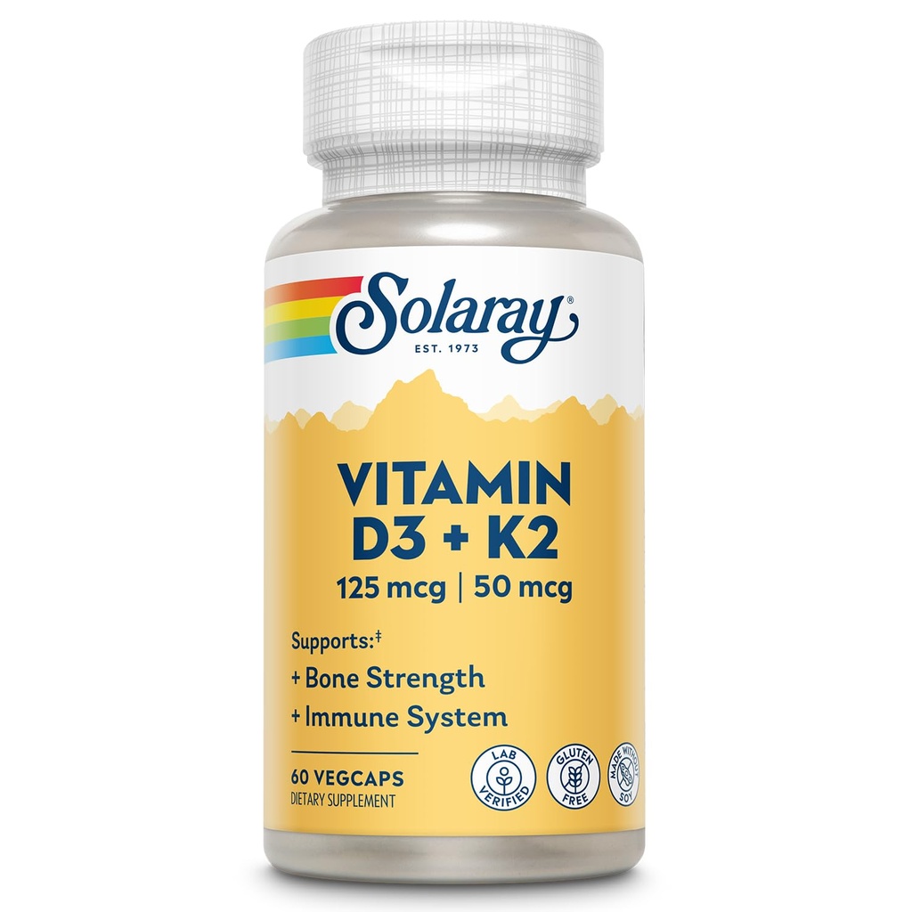 SOLARAY维生素D3 K2 - 骨质健康和免疫支持补充剂 - 5000 IU维生素D作为VIT D3,50 mcg维生素K2作为Menoquinone MK7,无豆制造,60天保证,60 Servi,60 Veg Caps