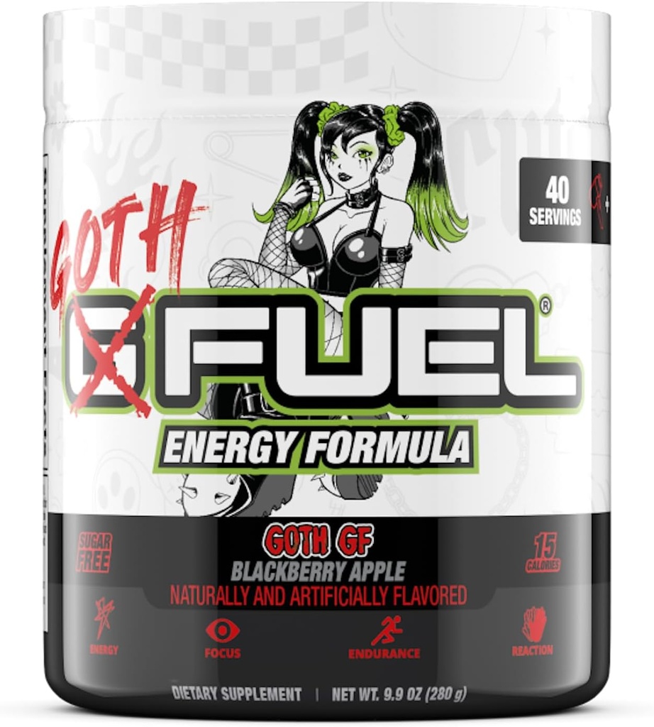 G Fuel Goth GF Energy Drinking Powder, PreWout Cafeine Powder, Energy Power Drinking Mix for Gaming, 免糖聚焦氨基酸,维生素+抗氧化剂, 9.9oz(黑莓苹果, 40 services)