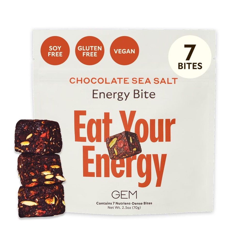 GEM 能源咖啡壶(Energy Cafeized Bite) 综合可持续能源 支持代谢, Stamina 和耐力 | 40mg Cafeine, Ginseng Root, L-Theanine |巧克力卡考海盐 | 7 服务