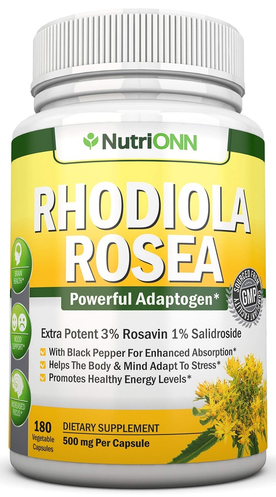 Rhodiola Rosea - 500mg - 180 Vegan Capsules - 3% Rosavin 1% Salidroside 提取 - 非GMO - 与黑辣椒进行强化吸收 - 6个月供应 - 能源和植物补充