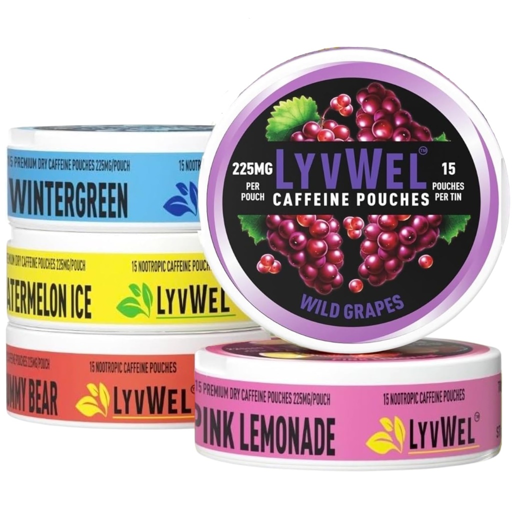 LyvWel 225mg Cafeine Energy Pouches QQ Notropic Focus & Neuro Support QQ 无烟草 无尼古丁 快速能源解决方案 QQ 5-Pack:60 Pouches (5 Pack,多包)