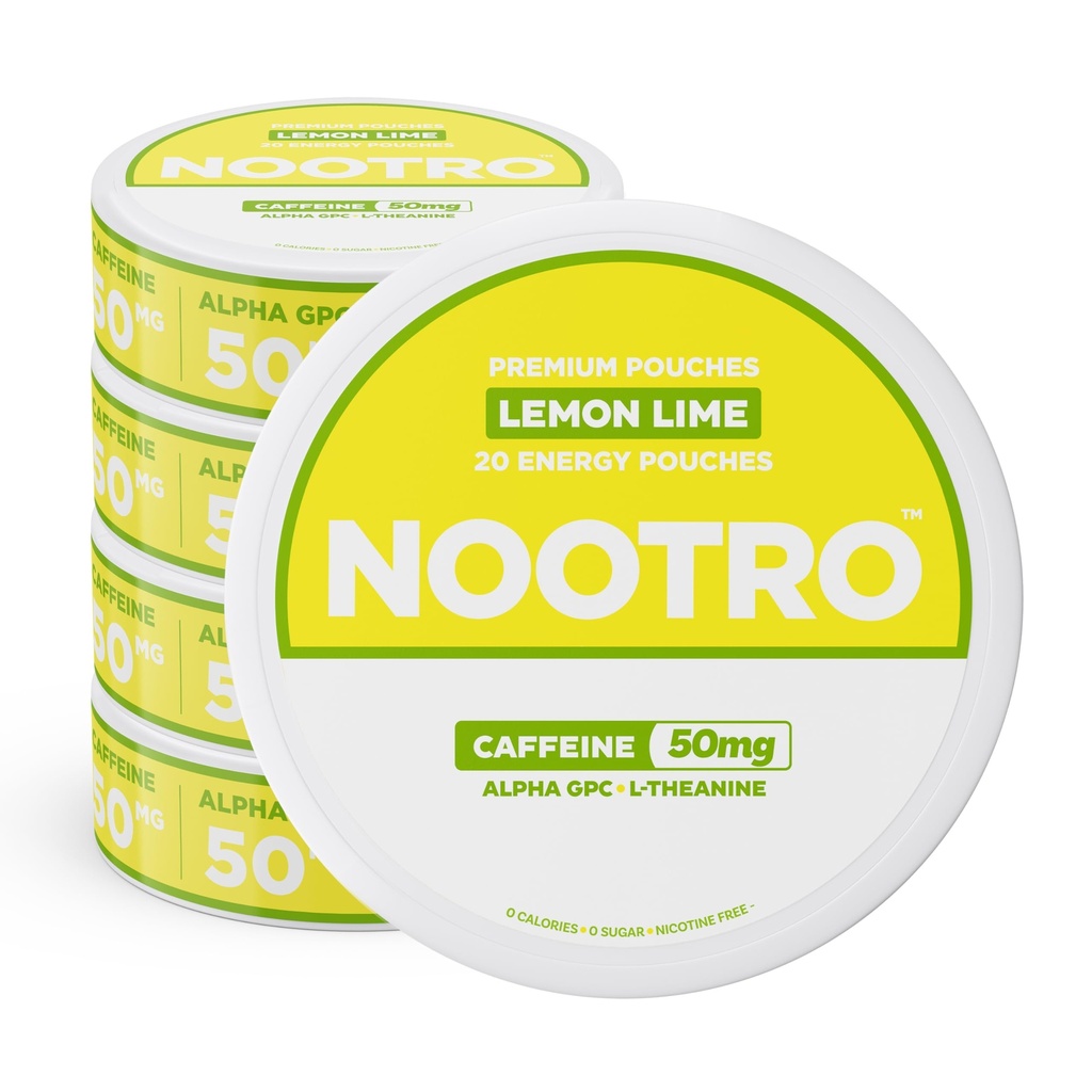 Notro Cafeine Nootropic 邮袋 (Lemon Lime) - 配有50mg Cafeine的能源邮袋,50mg Alpha GPC,50mg L-Theanine配有无糖和无卡路里 - 每罐20个邮袋 - 5包