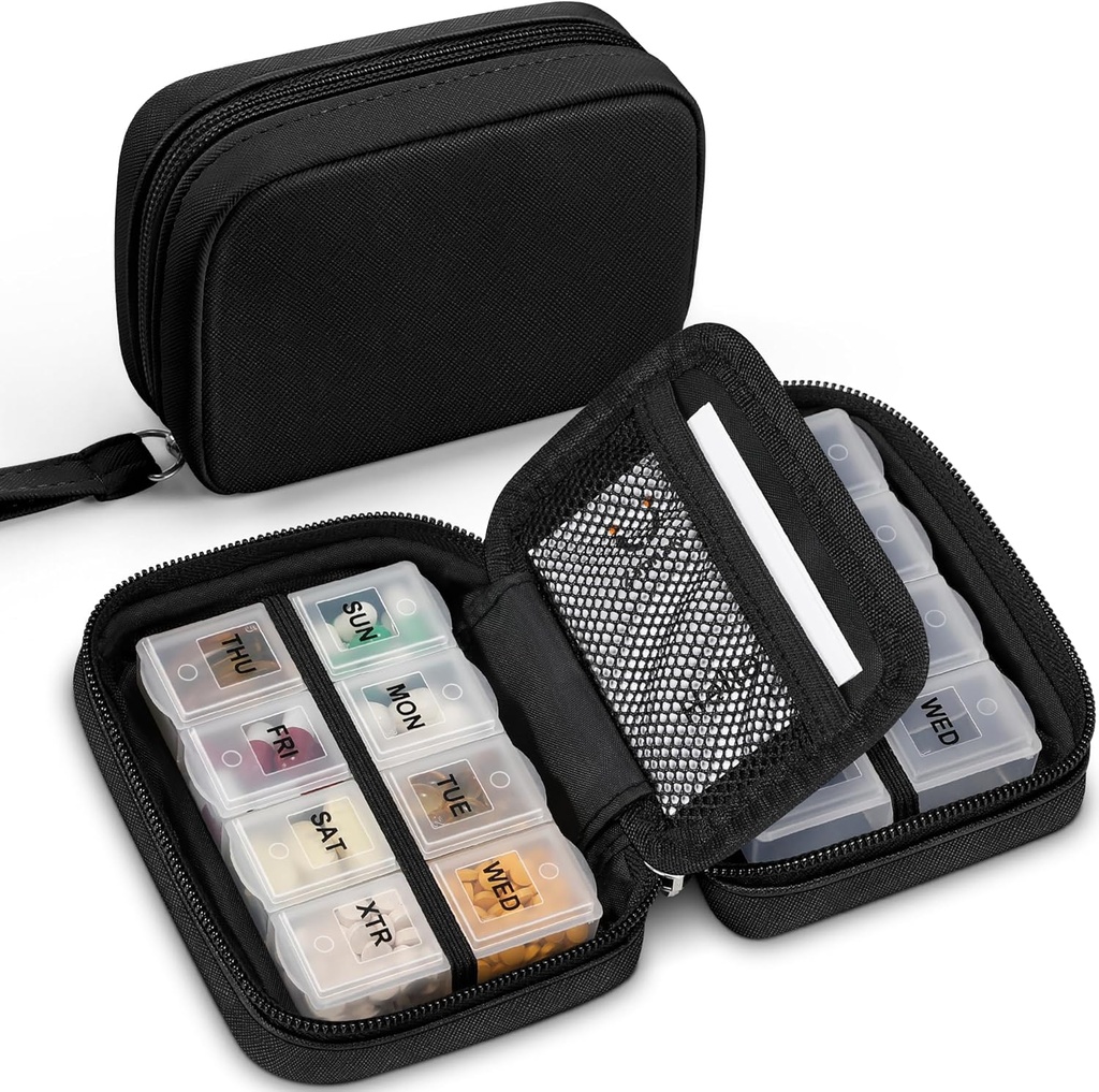 Zannaki Cute Pill for Purse with Two Remove 7-Day Pill Box, Travel PU Leather Pill case, 携带储存袋的便携式每周Pill容器 维他命,鱼油,补充品(黑色)