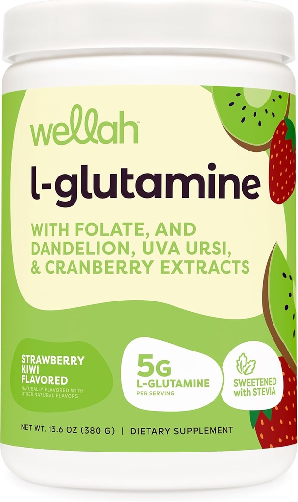 Wellah L-Glutamine 粉草莓 Kiwi(50名服务员) - 5g L-Glutamine Per Servia, Sweeted with Stevia