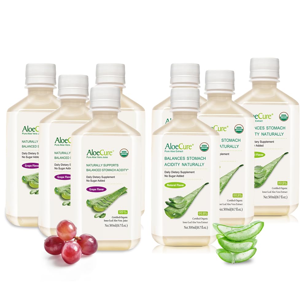 AloeCure 有机Aloe Vera Juice - 8瓶样品包 - 葡萄和天然火焰, 8x500ml