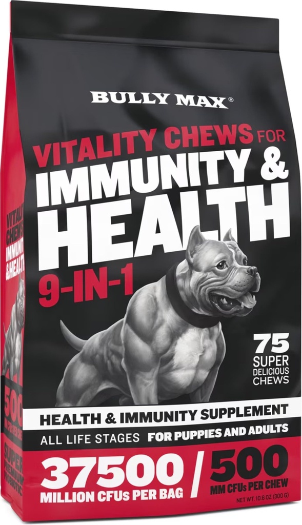 Bully Max Dog Chews & Multivitamin Treats for Puppy & Adult Dogs - 75 Soft Chews, Dog Supplements & Vitamins for all Breeds - 皮肤,大衣,大脑,心脏,消化健康,豁免,联合支持