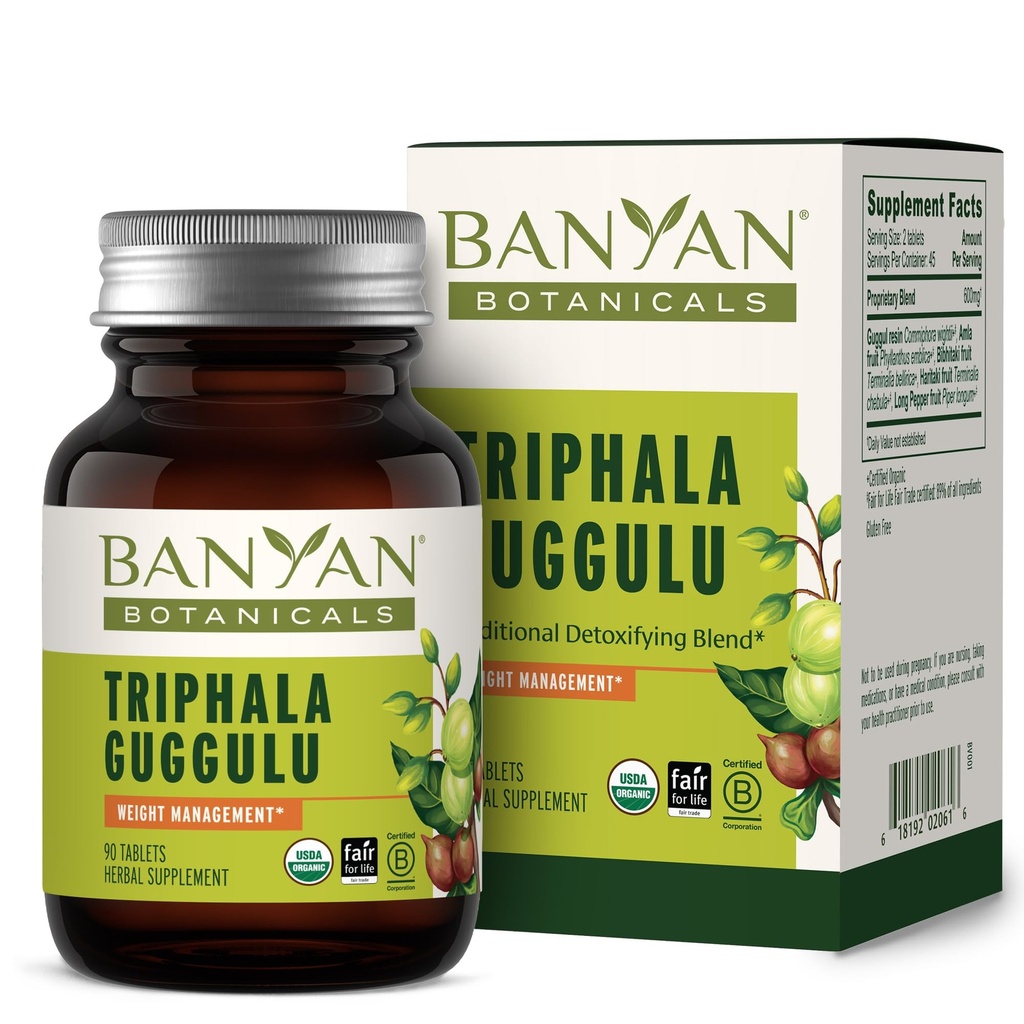 Banyan植物学 Triphala Guggulu – 有机Triphala 补编 与 Gugulu Resin – 支持健康文摘的草药解毒补充* – 90片 – 非GMO 可持续来源 Vegan