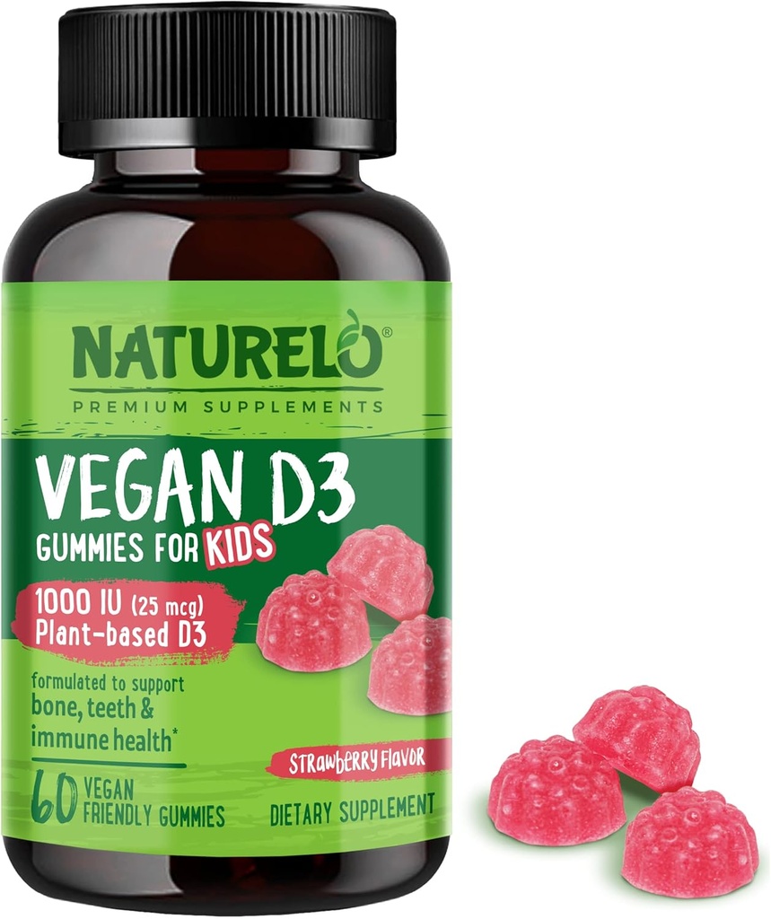 NATURELO VAGEN D3 儿童Gummys - 1000 IU 维生素D3 - 儿童4岁和老年人的植物全食补充品 - 60 VAGAN - 友好的Gummys