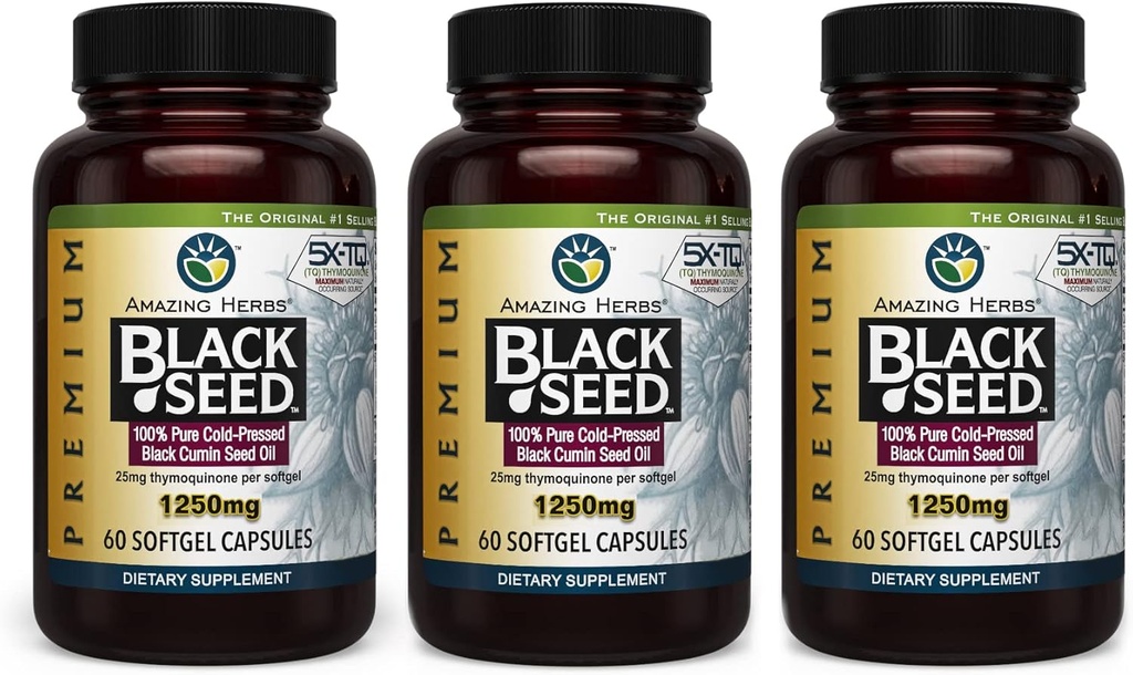 神奇的草药 黑种子 油囊 - 高概率 冷压 Nigella Sativa Aids in Digestive Health, Imune Support and Brain 函数 - 60 Counter, 1250 mg (Pack of 3)