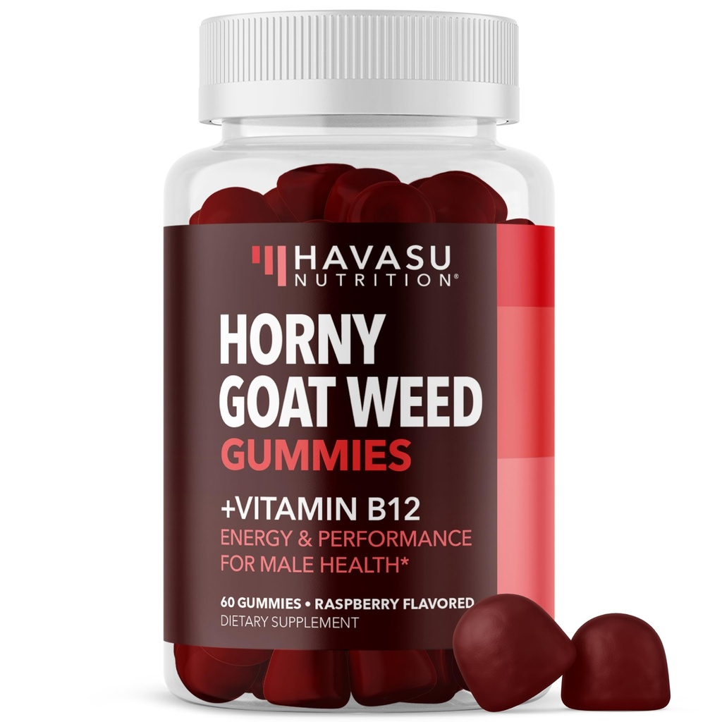 Horny Goat Weed Gummys with Vitamin B12 - 为男性健康提供能量,耐力和性能支持 - 60 Counter - 蔬菜友好,Non-GMO,Pectin-base - Raspberry Flavor, 1个月供应量.