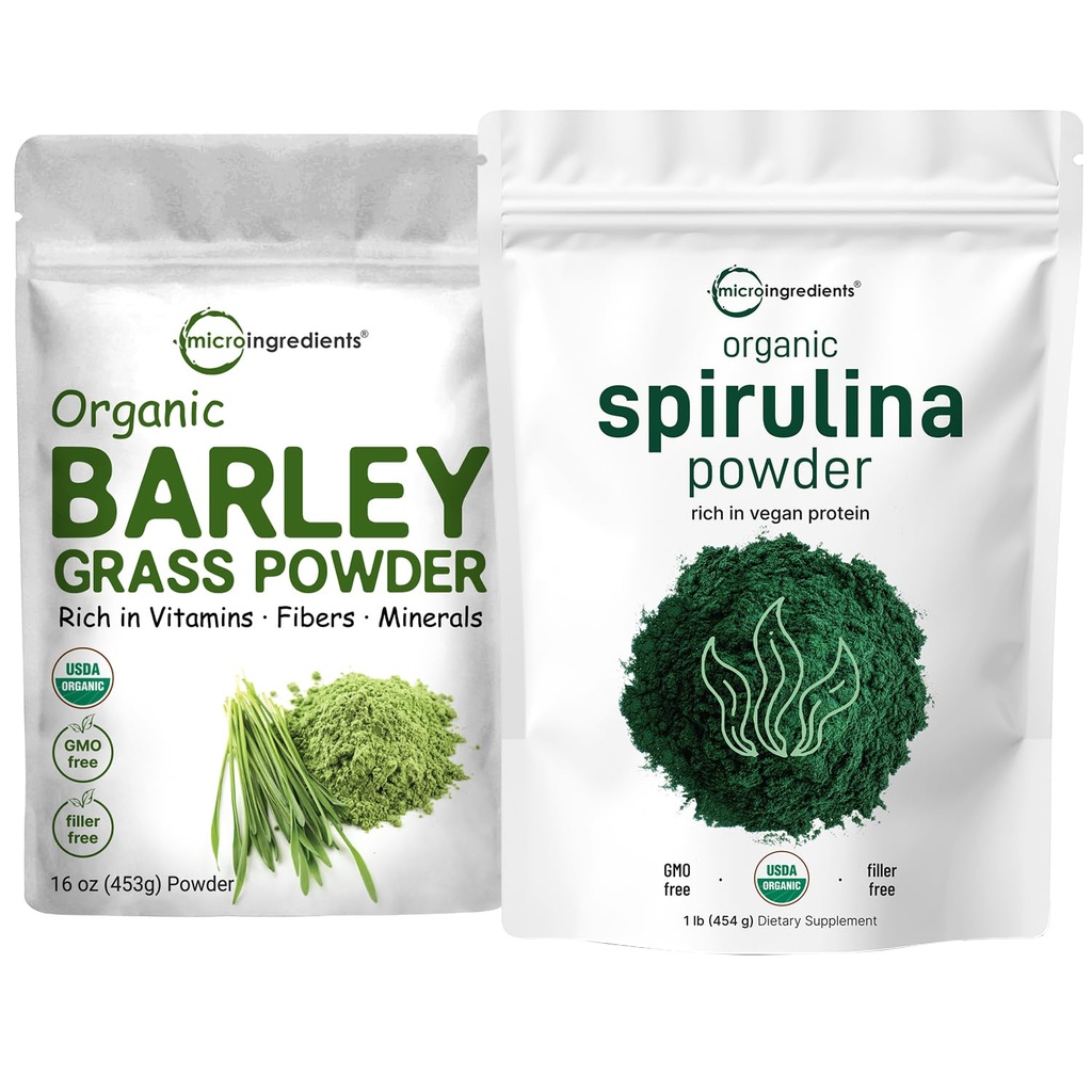 有机螺旋花粉 1lb & 有机大麦粉 16oz Bundle 2 Pack | Raw Superfoods |富产于维根蛋白,纤维,矿物,和维生素