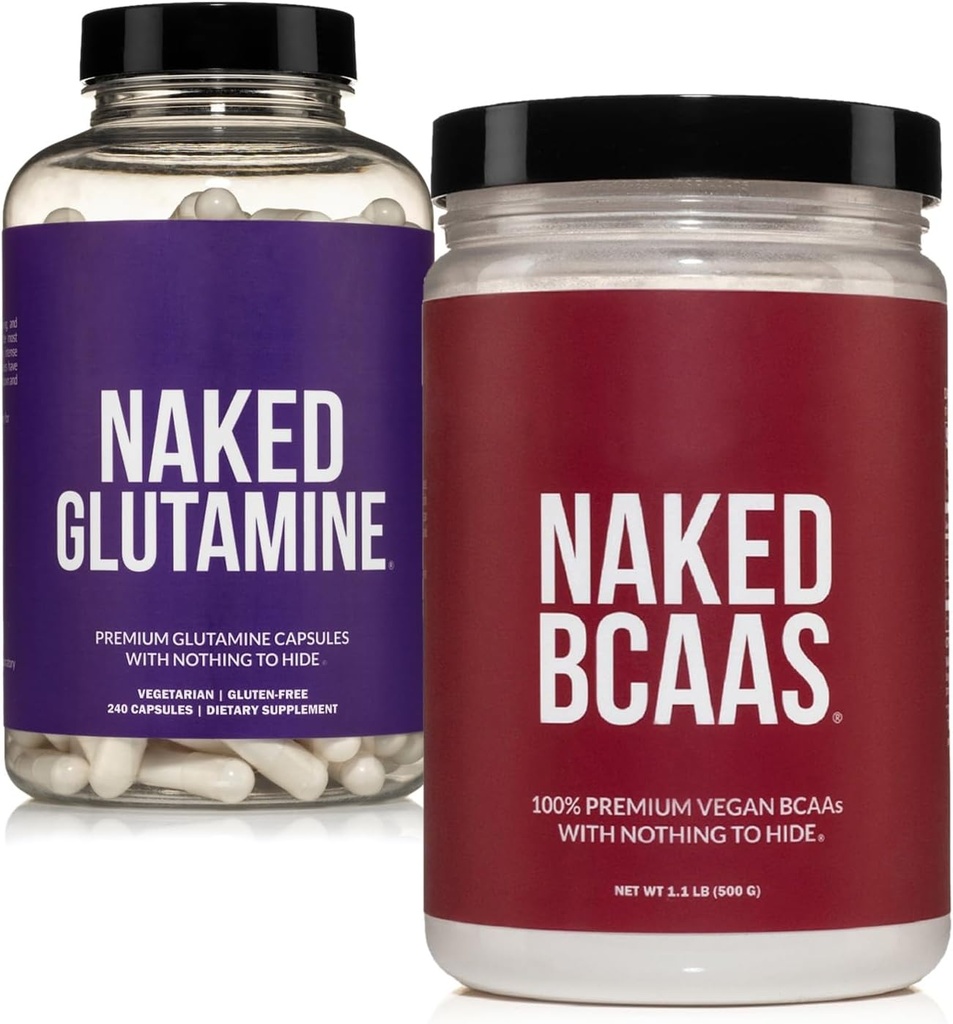 NAKED 不受欢迎的BCAAs 100 Sevings +纯 L-Glutanine 240 Capsules Bundle:非GMO,Gluten Free,Muscle Recovery, nothing 人工