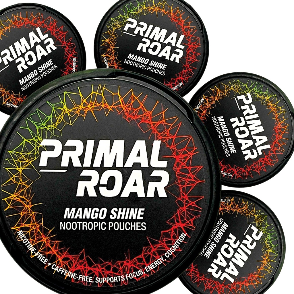 Primal Roar Mango Shine - 兴奋剂-无兴奋剂 深色焦点 口袋 狮子的马内 + Cognizin Citicoline + Huperzine A → Nicotine 和 Cafeine-无咖啡因 – 20 Pouches Per Can(100 共 5-Pack)