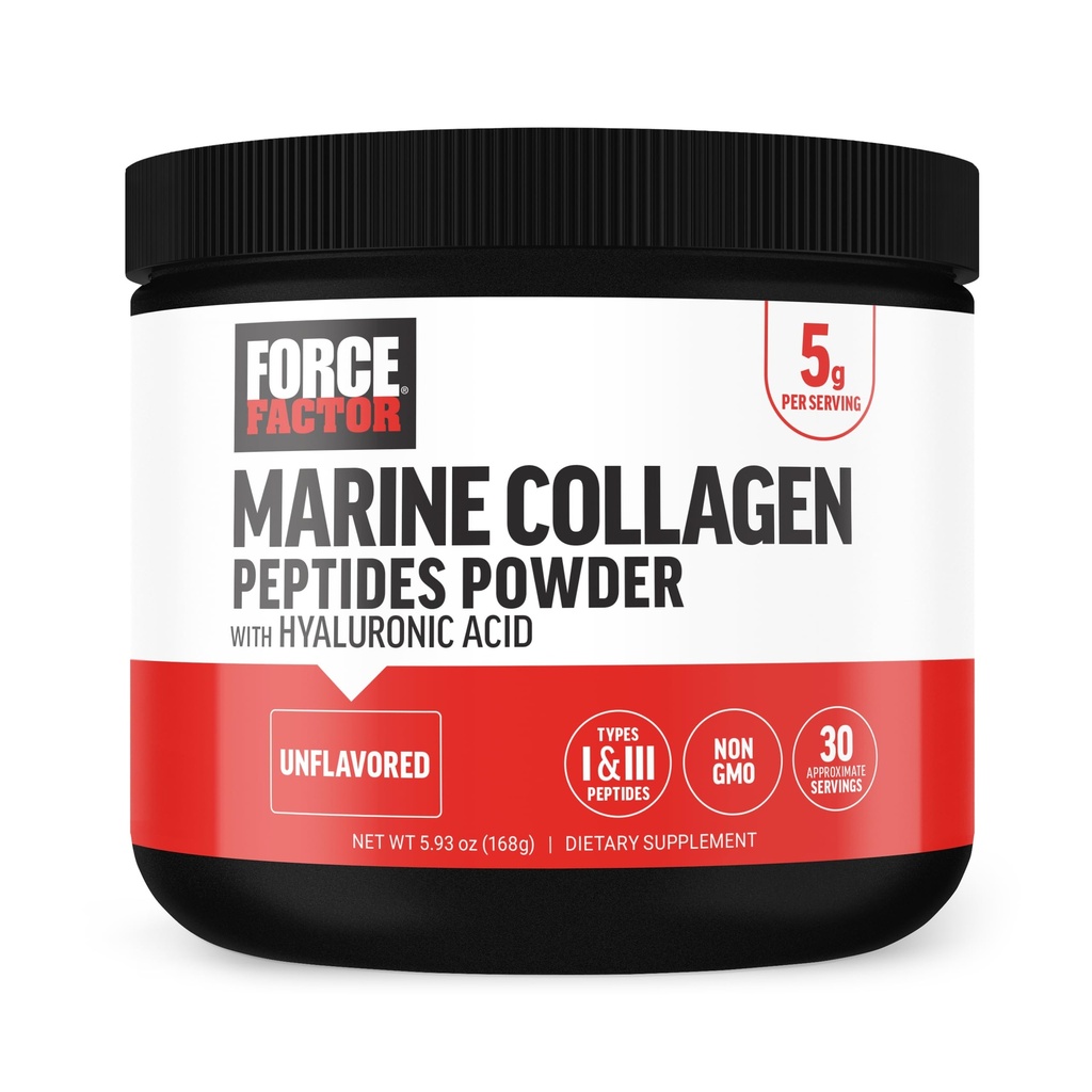 FORCE FACTOR Marine Collagen Power for Men and Men, Marine Collagen Peptides I & III 带有Hyaluronic Acid 支持健康发型,皮肤,钉子,骨骼,和关节,不味,30种服务