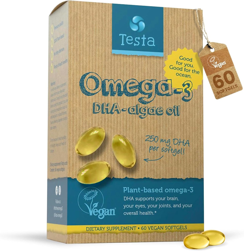 Testa Omega 3 补充 - 来自藻类石油的250mg DHA - Vegan Omega 3 - 支持脑,眼和联合健康 - 不来自鱼,纯藻类 Capsules - 两个月供应