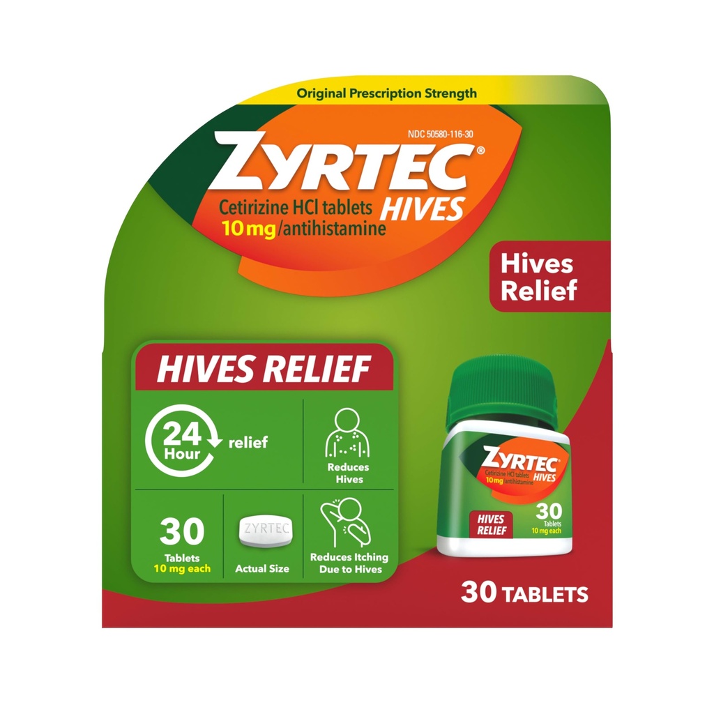 Zyrtec 24小时蜂巢救治药片,10毫克Cetirizine HCl救治药片,帮助减少蜂巢和减少因蜂巢引起的痒痛,抗组织胺药片,治疗乌蒂卡利亚,30厘米