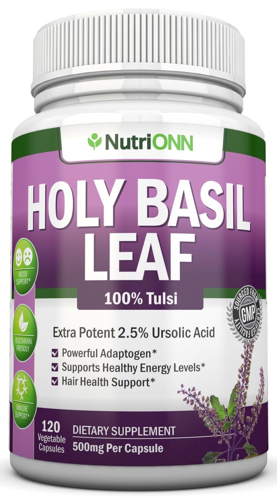 圣巴西叶卡普尔-500mg - 2.5% Ursolic酸 - 120 Vegan Capsules - Real Tulsi 提取补充 - 阳性Mindset - 适应性与Ayurvedic Herb