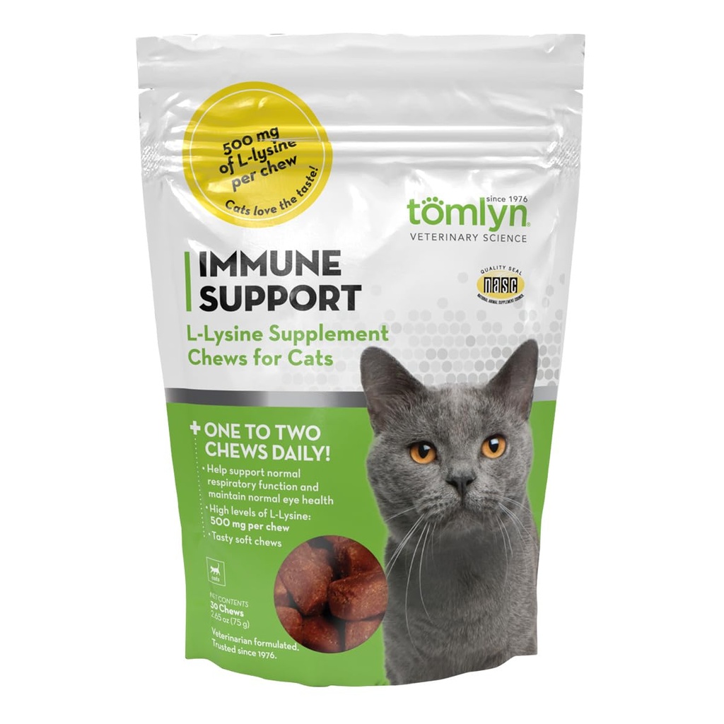 Tomlyn Immune 支持日报 L-Lysine 补充品,Fish-Flavored Lysine Chews for Cats and Kittens, 30ct