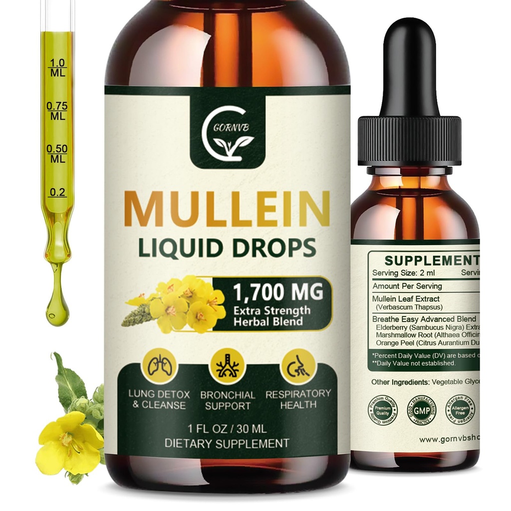 (2 Pack) Mullein Drops for Lungs - Lungs Cleanse and respiratory Supports, 威力4 in 1 Mullein Leaf 提取器与老莓, Marshmallow Root 和橙色皮尔用于溴化支持, 1 Fl Oz