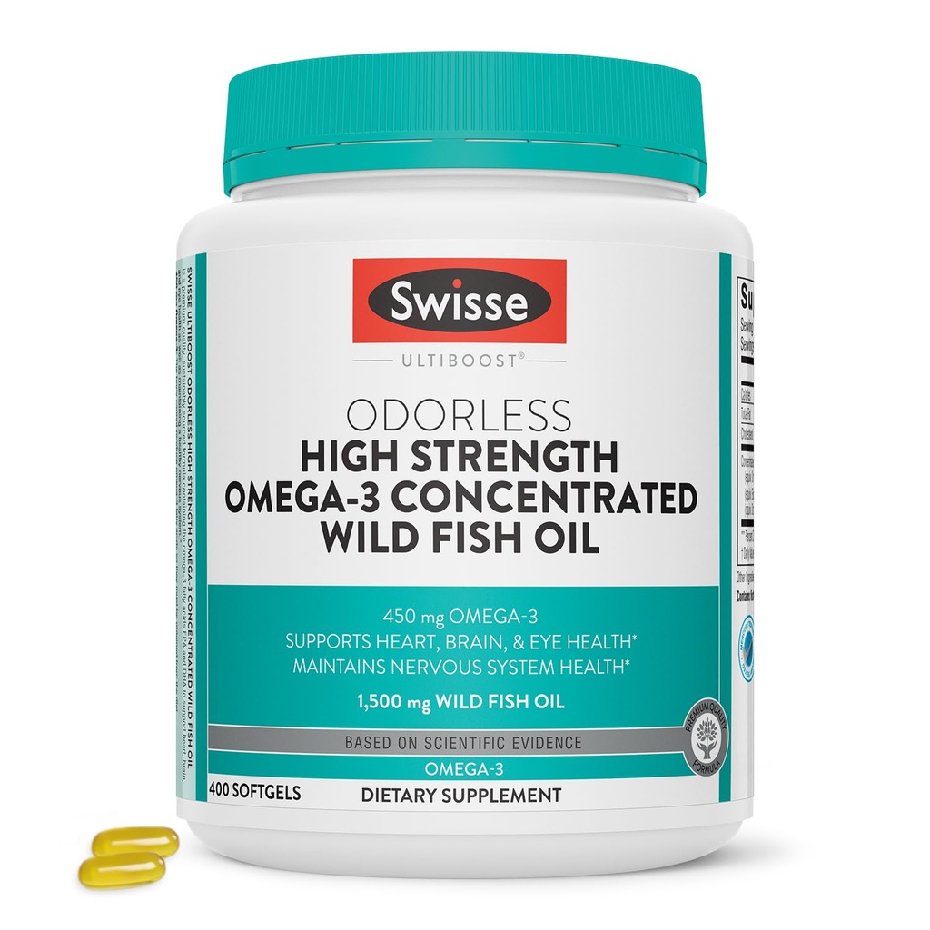瑞士野生鱼油 Omega 3 女性和男性补充品 ^ EPA DHA 鱼油补充品 ^ Odorless - 帮助支持脑,眼和心脏健康 → 高强度 1500 mg → 400 软胶药