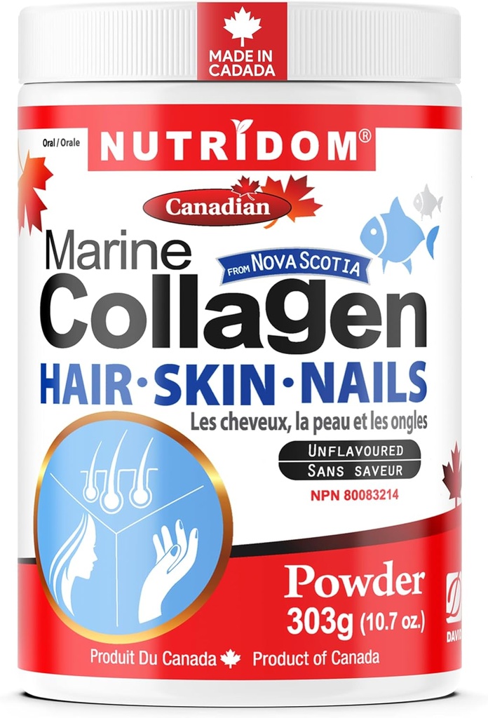 Nutridom Hydrized Marine Collagen Peptides Powder, 来自新斯科提亚的野生捕虫笼, 支持毛发,皮肤和钉子, Non-GMO, Free of Gluten, Soy & Dairy (303克)