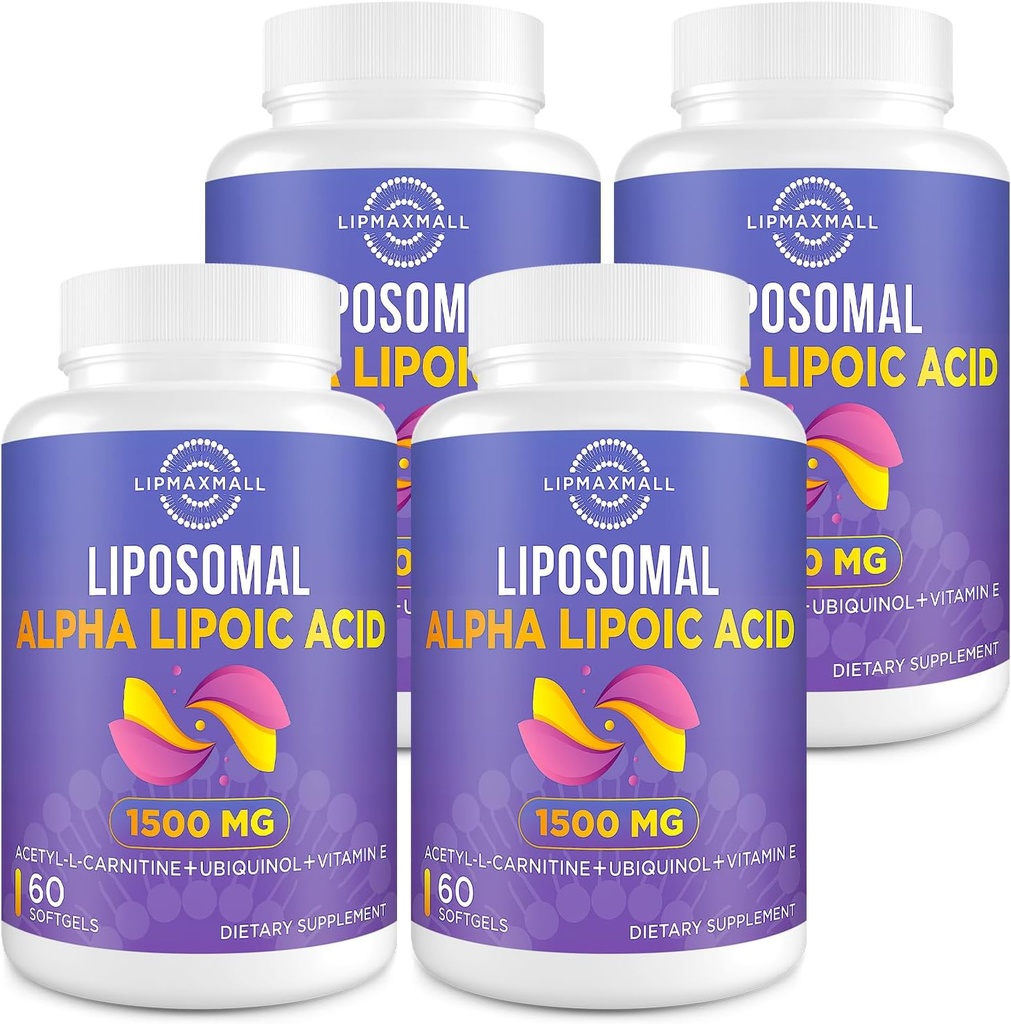 Liposomal Alpha Lipoic Acid 1500mg - 含乙酰-L-Carnitine 900mg & Ubiquinol 100mg & Vitamin E 15mg,ALA 抗氧化剂Glucose代谢Nerve能量补充剂,60 软胶(4瓶)