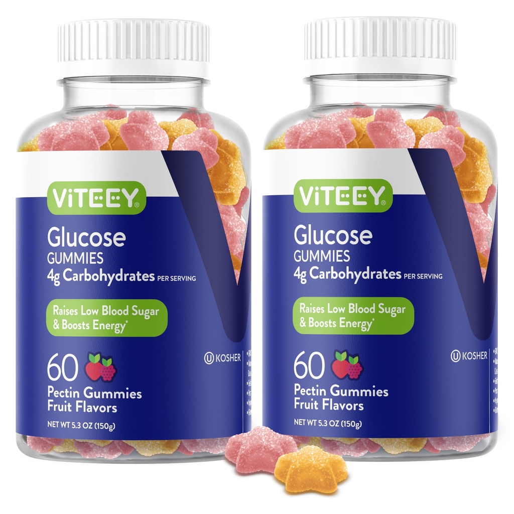 Viteey Glucose Gummys - 4g of Carbohydrates - 快速替代葡萄糖片 - 能量和血糖支持 - 维根,Gluten自由,Gelatin自由 - 120 Counter