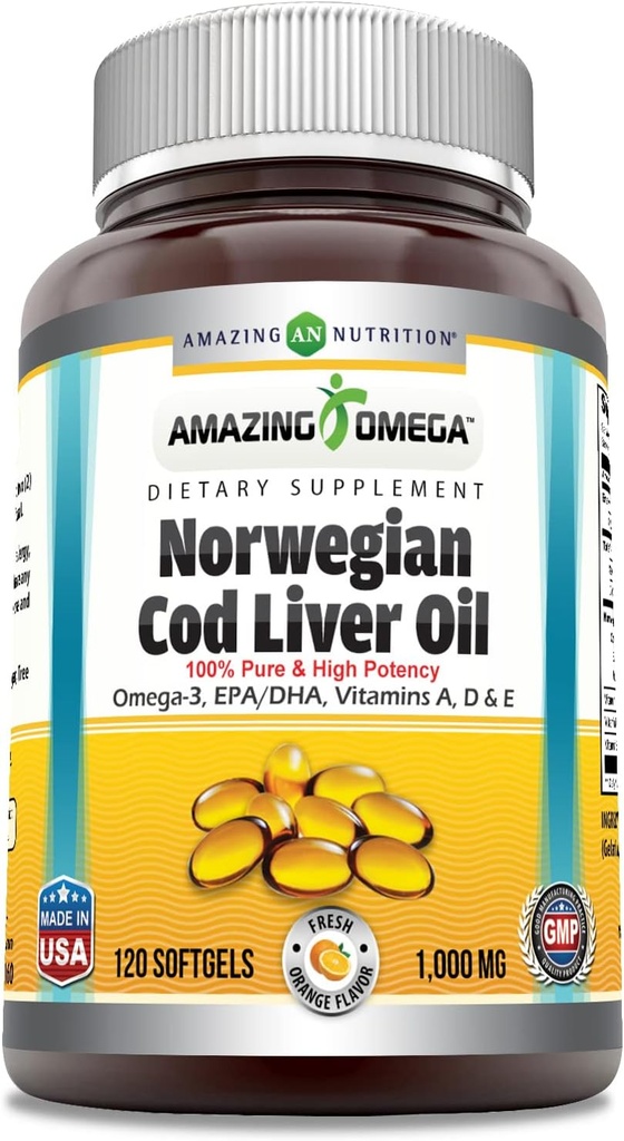 Omega Organian Cod Liver Oil (Omega-3, EPA/DHA) Supplement + 1000 Mg Per service → 120 Softgels → 橙色 Flavor → 非GMO → Gluten-Free → 美国制造