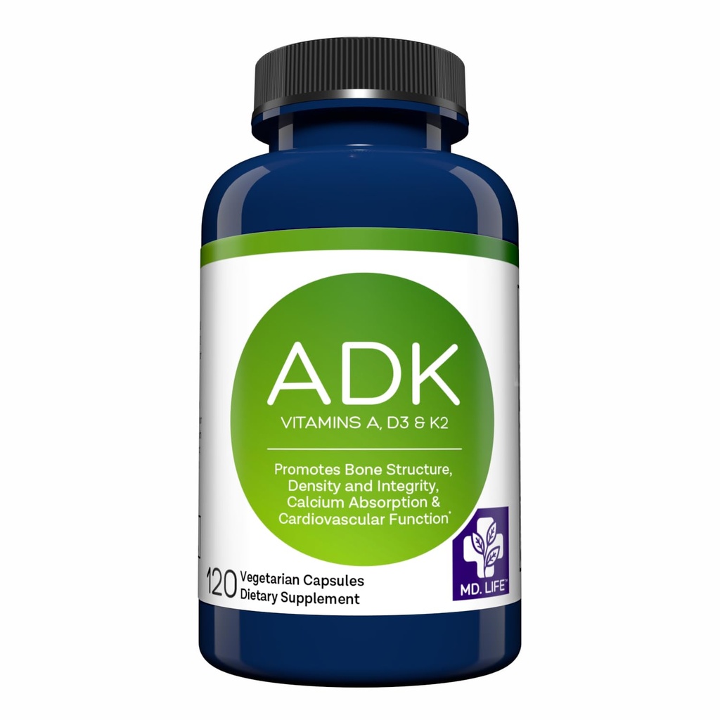 MD.LIFE ADK 维生素补充剂 — 维生素D3 K2和A Complex — 120 Capsules — 骨骼和心脏健康支助的高概率维生素ADK