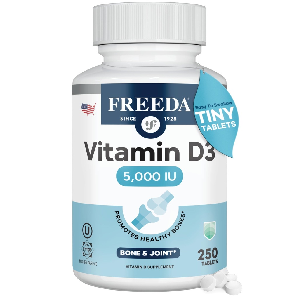 FREEDA 维生素 D3-5000 IU - 纯高潜力Kosher 补充药片 - 骨与肌肉健康,钙吸收,对男女的免疫支持* - 250
